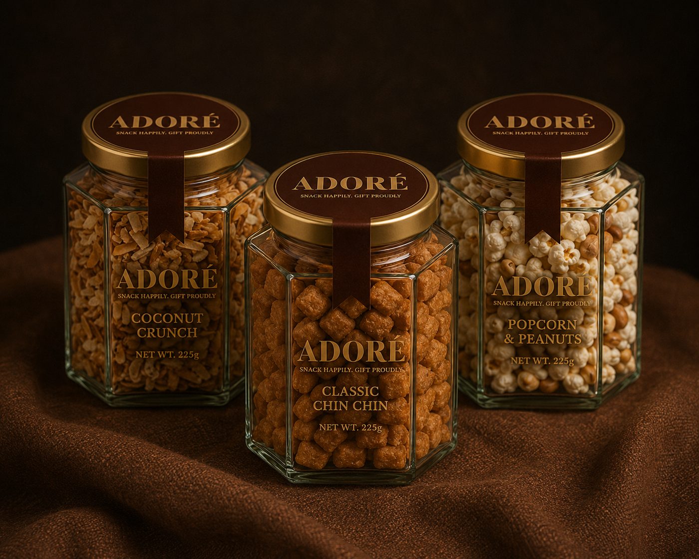 A trio of Adoré snack jars, tied and ready to give
